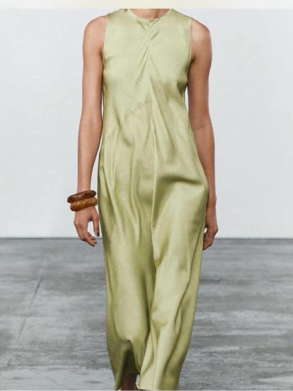 Zara Sleeveless Midi Dress in Light Green Satin